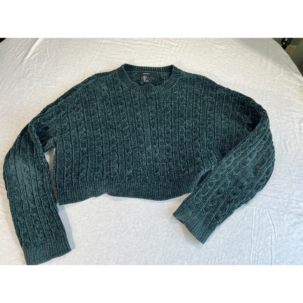 Forever 21 Dark Green Velour Cable Knit Crop Sweater L Soft Textured Trend 2025